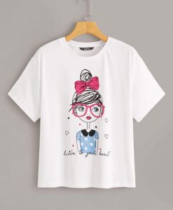 Letter & Girl Print Tee Shirt FD30