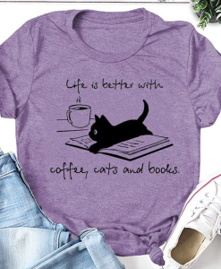 Coffee Cat Book T-Shirt AL