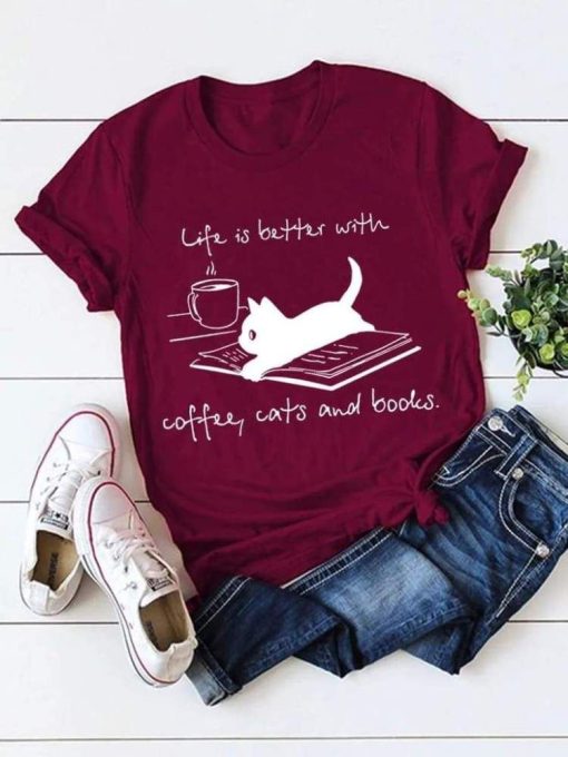 Life Is Better With Coffee Cats And Books T-Shirt AL