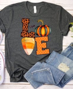 Fall Love Shirt Candy Corn Pumpkins Leopard T-Shirt AL