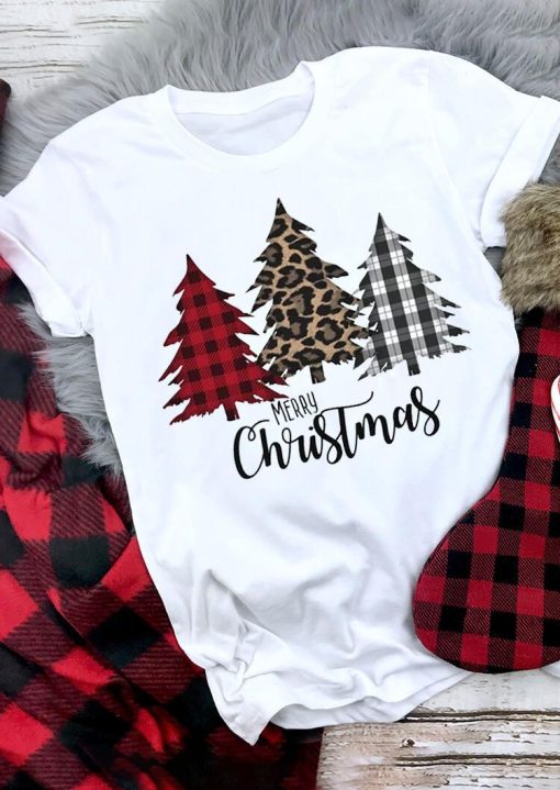 Merry Christmas Plaid Leopard Printed Tree T-Shirt AL